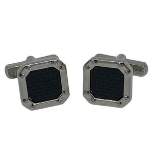 NWT Thompson London Rhodium Plated Black Carbon Fiber  Square Bolt Cufflinks
